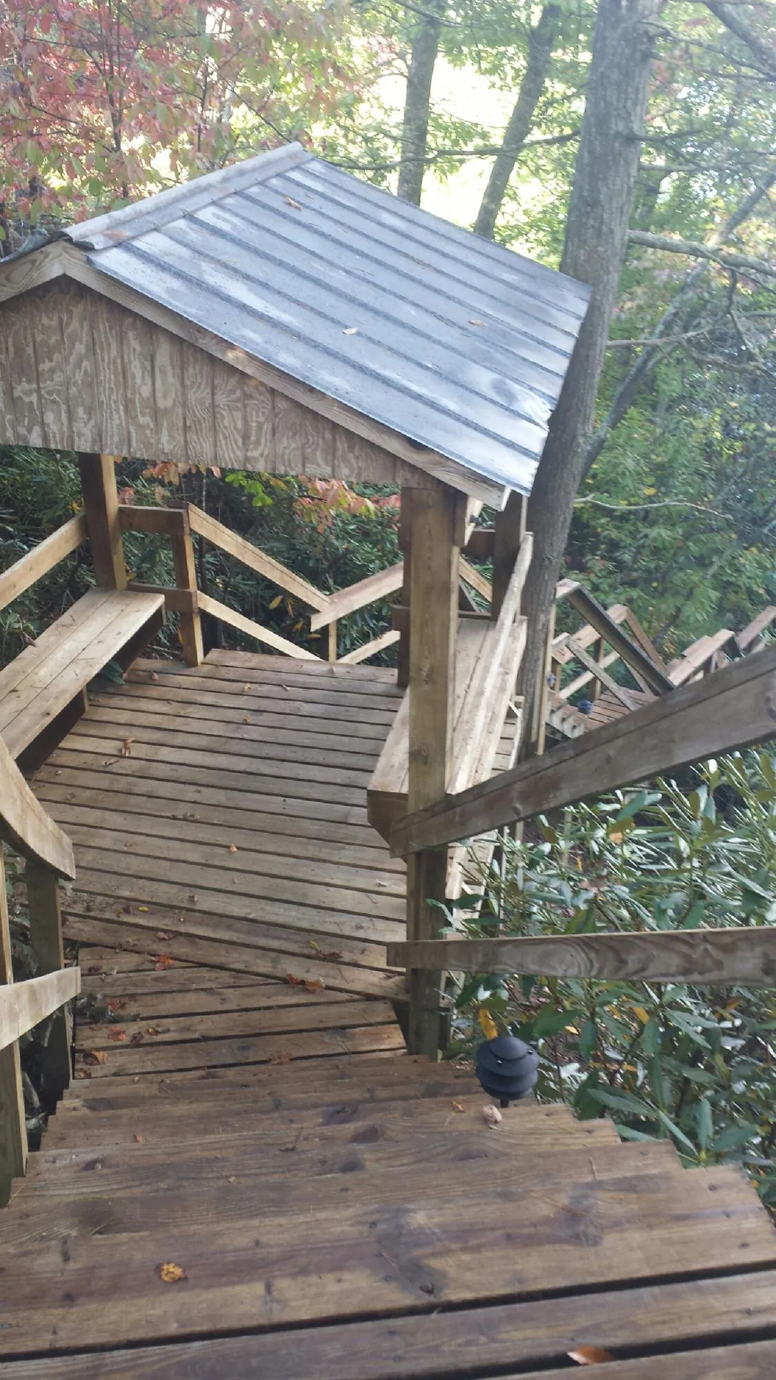 Metal roofed shelter over wooden steps on a wooded walkway — Skylight Repair & Installation work by our crew in Pensacola